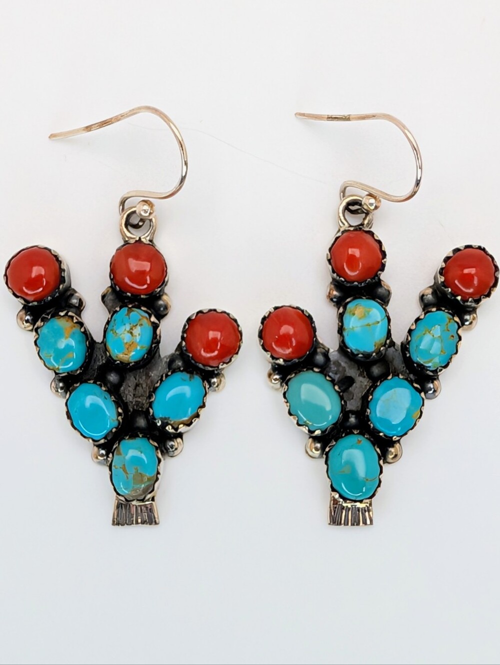 Kingman Turquoise & Coral S925 Sterling Silver Cactus Dangle Earrings